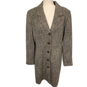 Old Navy Coat Womens XL Brown Marled Tweed Brooch Longline Car Coat Wool VTG